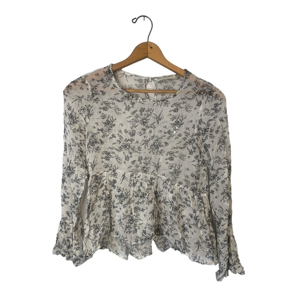 Zara Basic Floral Peplum Blouse XS White Black Long Sleeve Ruffle Hem